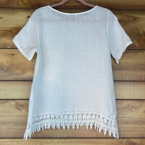 Terzo Millennio Linen Top Womens Medium White Italy Boho Crochet Lagenlook Beach - Picture 3 of 8